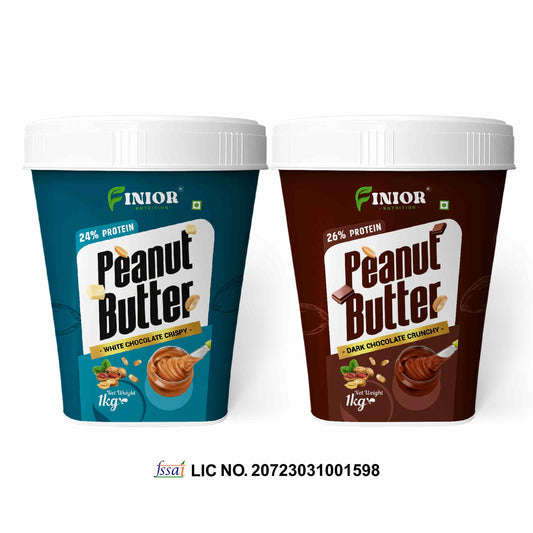 FINIOR High Protein Peanut Butter (Dark Chocolate Crunchy, White Chocolate Crispy) 1 kg each (Pack of 2)