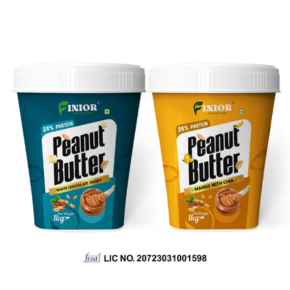 FINIOR High Protein Peanut Butter (Mango Chia, White Chocolate Crispy) 1 kg each  (Pack of 2)