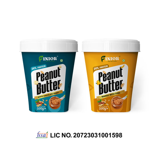 FINIOR High Protein Peanut Butter (Mango Chia, White Chocolate Crispy) 500 gm each (Pack of 2)