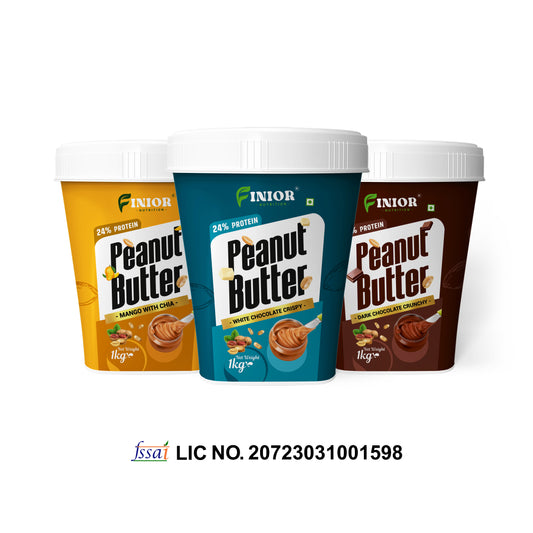 FINIOR High Protein Peanut Butter Combo (Dark Chocolate, Mango Chia, White Chocolate) 1 kg each (Pack of 3)