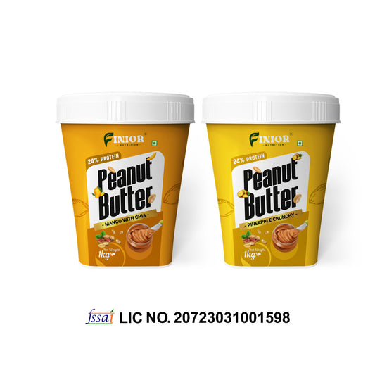 FINIOR High Protein Peanut Butter (Mango Chia, Pineapple Crunchy) 1 kg each  (Pack of 2)