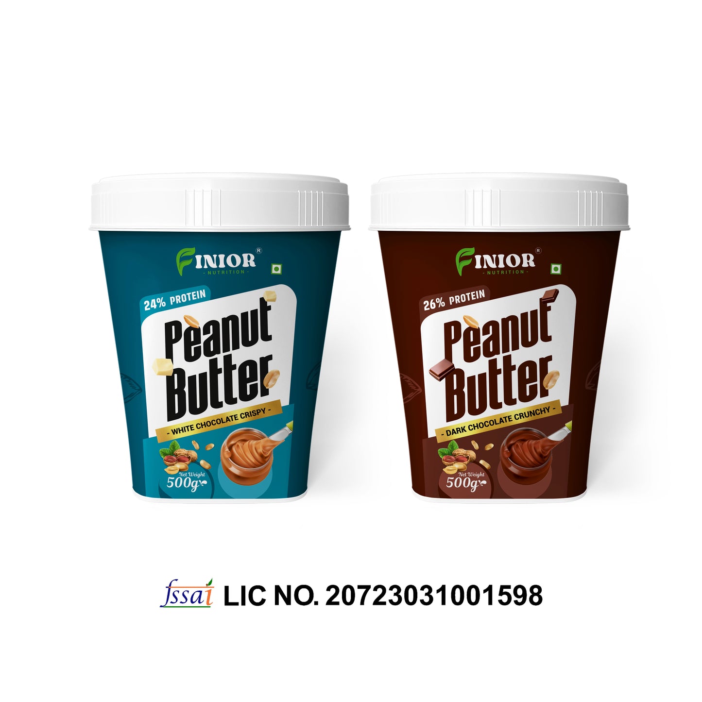 FINIOR High Protein Peanut Butter (Dark Chocolate Crunchy, White Chocolate Crispy) 500 gm each (Pack of 2)