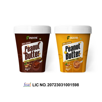 FINIOR High Protein Peanut Butter (Dark Chocolate Crunchy, Mango Chia) 1 kg each    (Pack of 2)