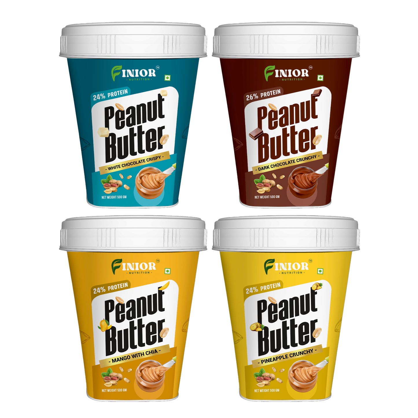 FINIOR High Protein Peanut Butter (Chocolate, Mango, Pineapple, White Chocolate) 2000 g  (Pack of 4)