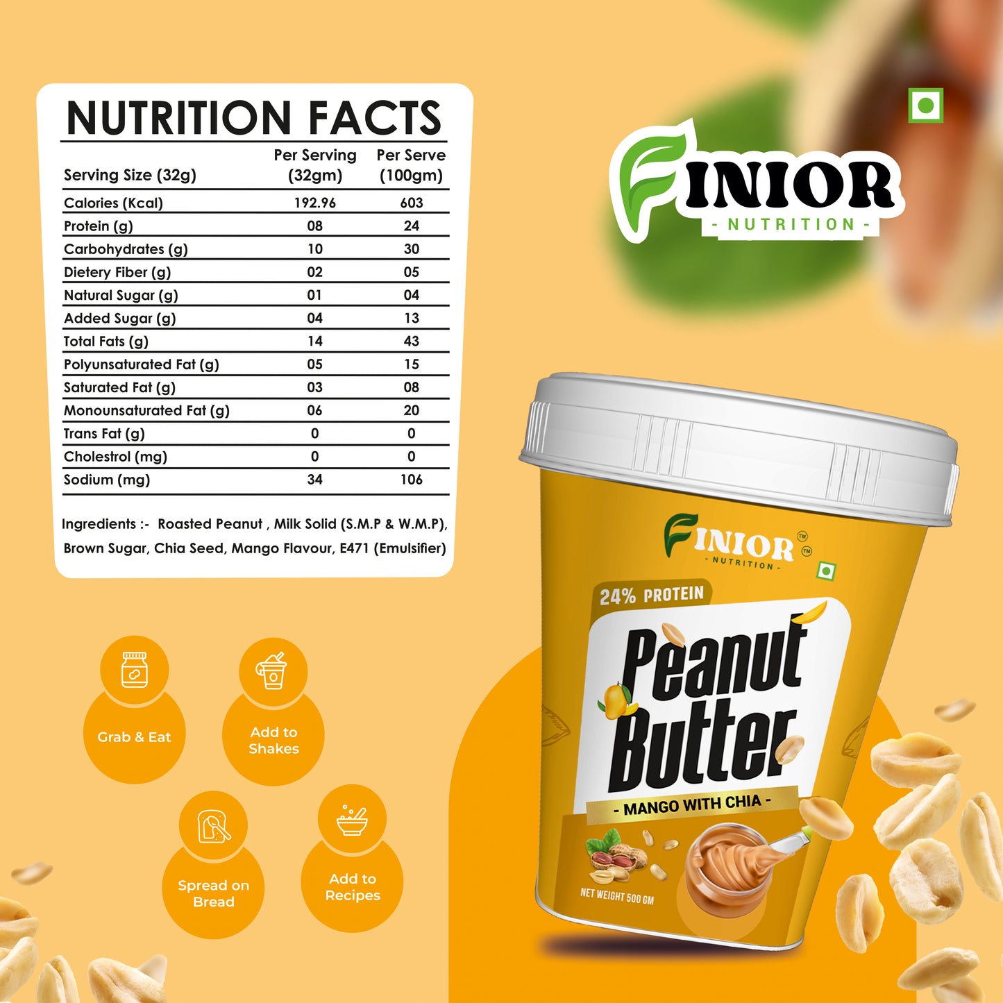 FINIOR High Protein Peanut Butter (Dark Chocolate Crunchy, Mango Chia) 1 kg each    (Pack of 2)