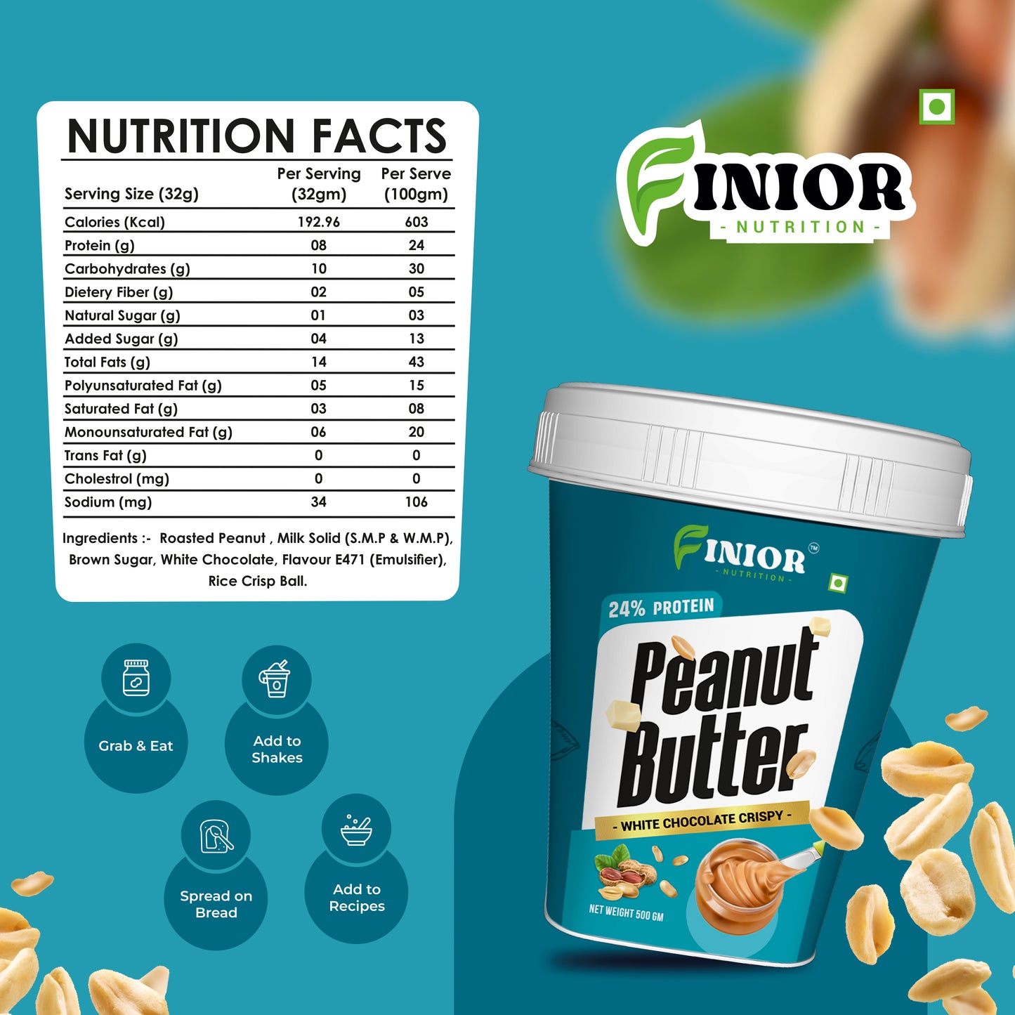 FINIOR High Protein Peanut Butter (White Chocolate Crispy) 1 kg  (Pack of 2)