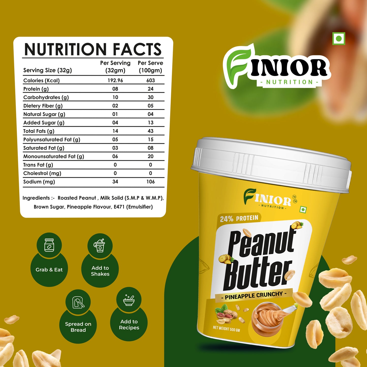 FINIOR High Protein Peanut Butter (Mango Chia, Pineapple Crunchy) 1 kg  (Pack of 2)